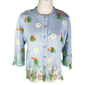 Vtg Philip Jane Gordon Cardigan Novelty Bunny Carrot Daisy Applique Embroidery M